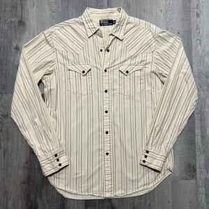Vintage Polo Ralph Lauren Western Pearl Snap Beige Striped Long Sleeve Shirt M